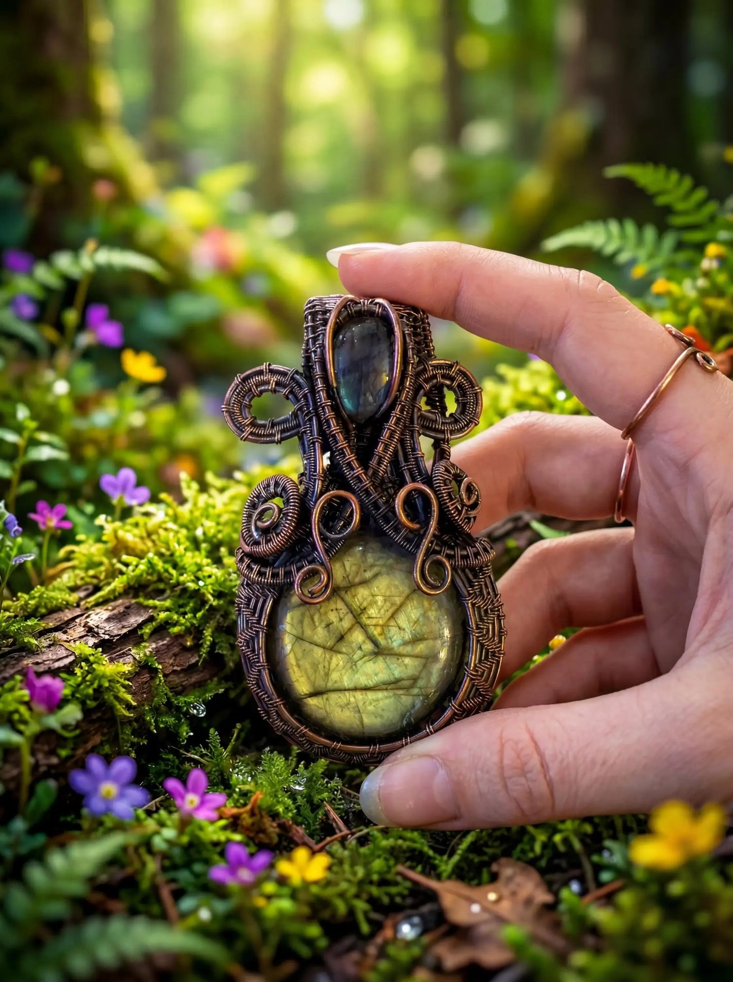 Hand holding intricate wire-wrapped pendant with labradorite stones in forest setting
