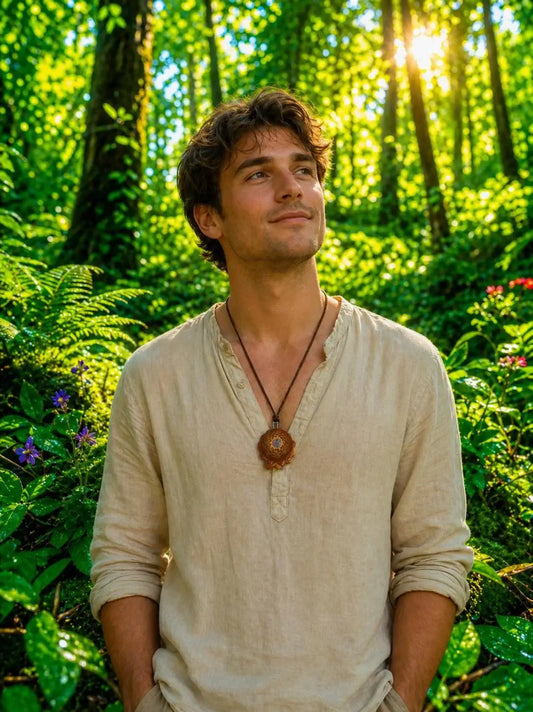 Man wearing rustic pinecone pendant necklace in sunlit forest, natural boho style jewelry