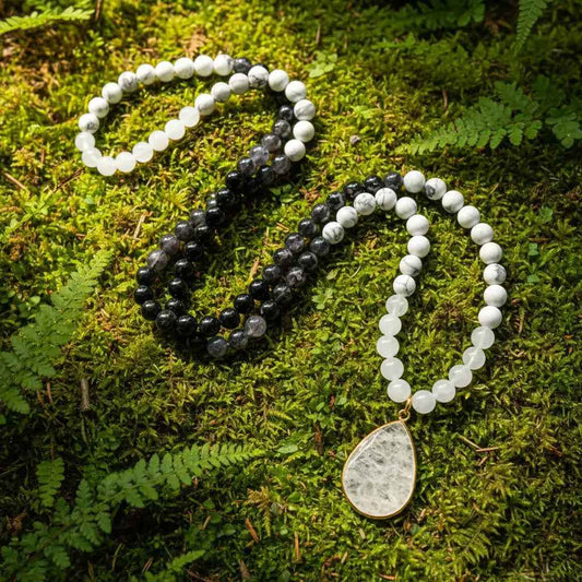 White Howlite Onyx Quartz Mala Necklace