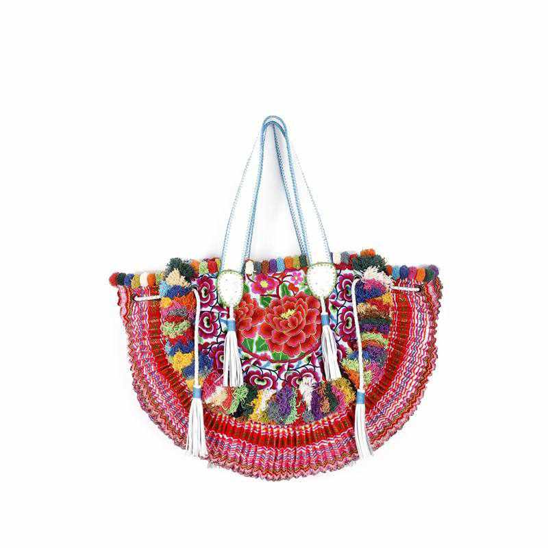 Embroidered Half Moon Ibiza Leather Tote Pom Pom Bag – Thailand