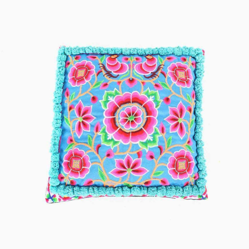 Blue Lagoon Floral Embroidered Pom Pom Cushion Cover - Thailand