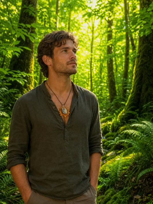 Man wearing pinecone pendant necklace in forest, natural handmade jewelry