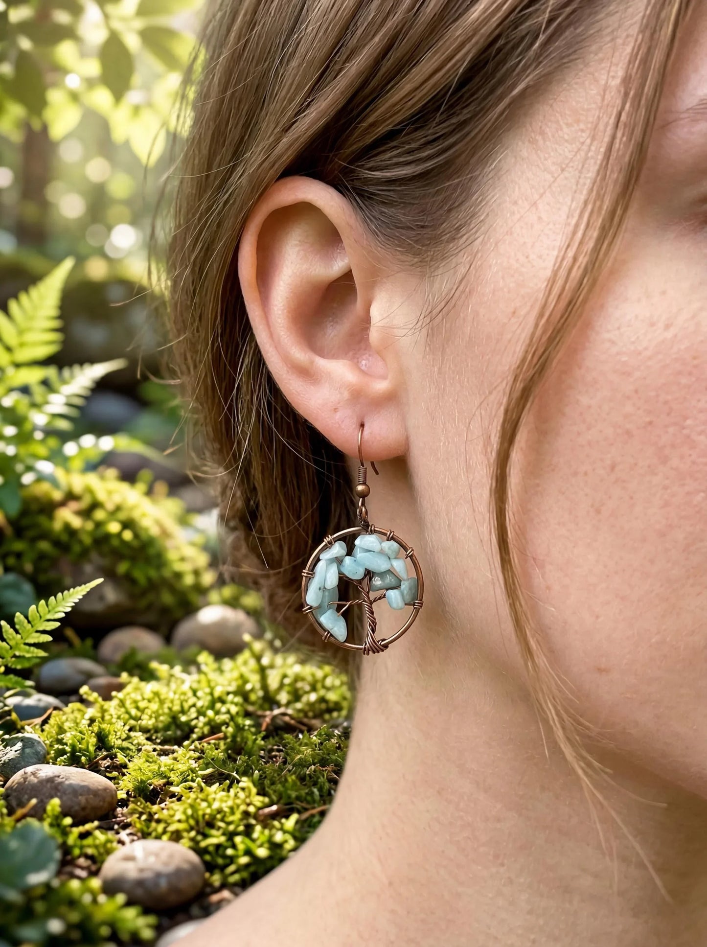 Wire-wrapped tree of life earrings with light blue stones, nature-inspired boho jewelry
