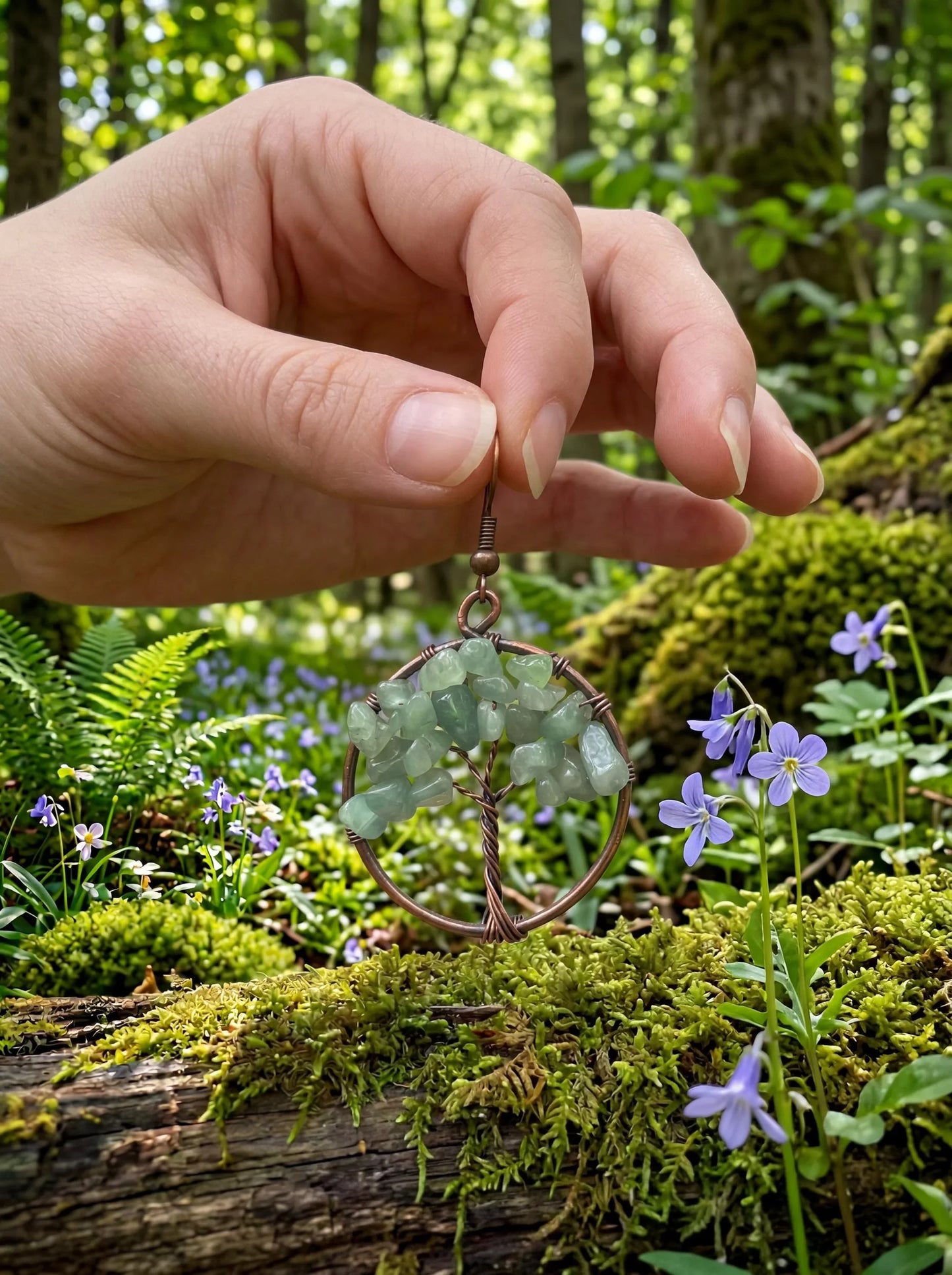 Wire Wrapped Tree of Life Earrings – Green Aventurine Boho Dangle Earrings – Handmade Nature Jewelry Gift for Her