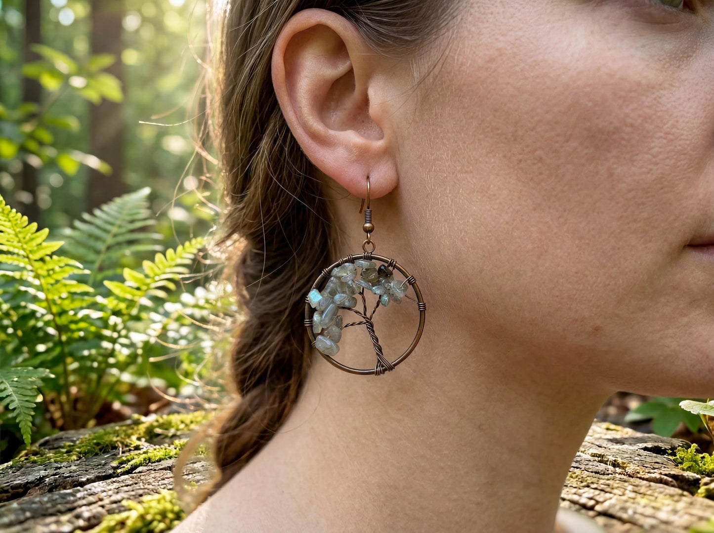 Wire Wrapped Tree of Life Earrings β Labradorite Boho Dangle Earrings β Handmade Crystal Jewelry Gift for Her