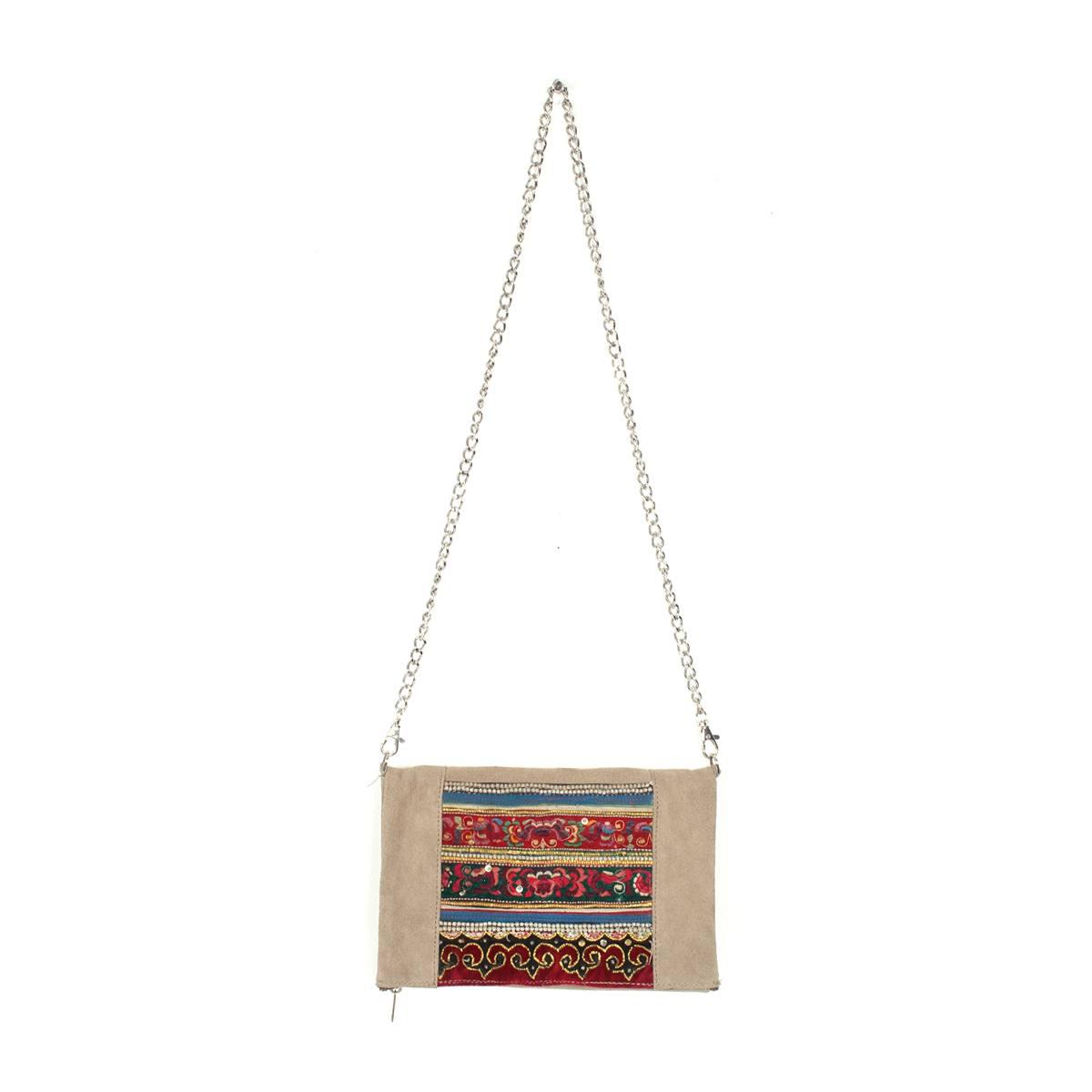 Vintage Fabric + Leather Cross-Body Bag | Clutch With Chain Strap - Thailand