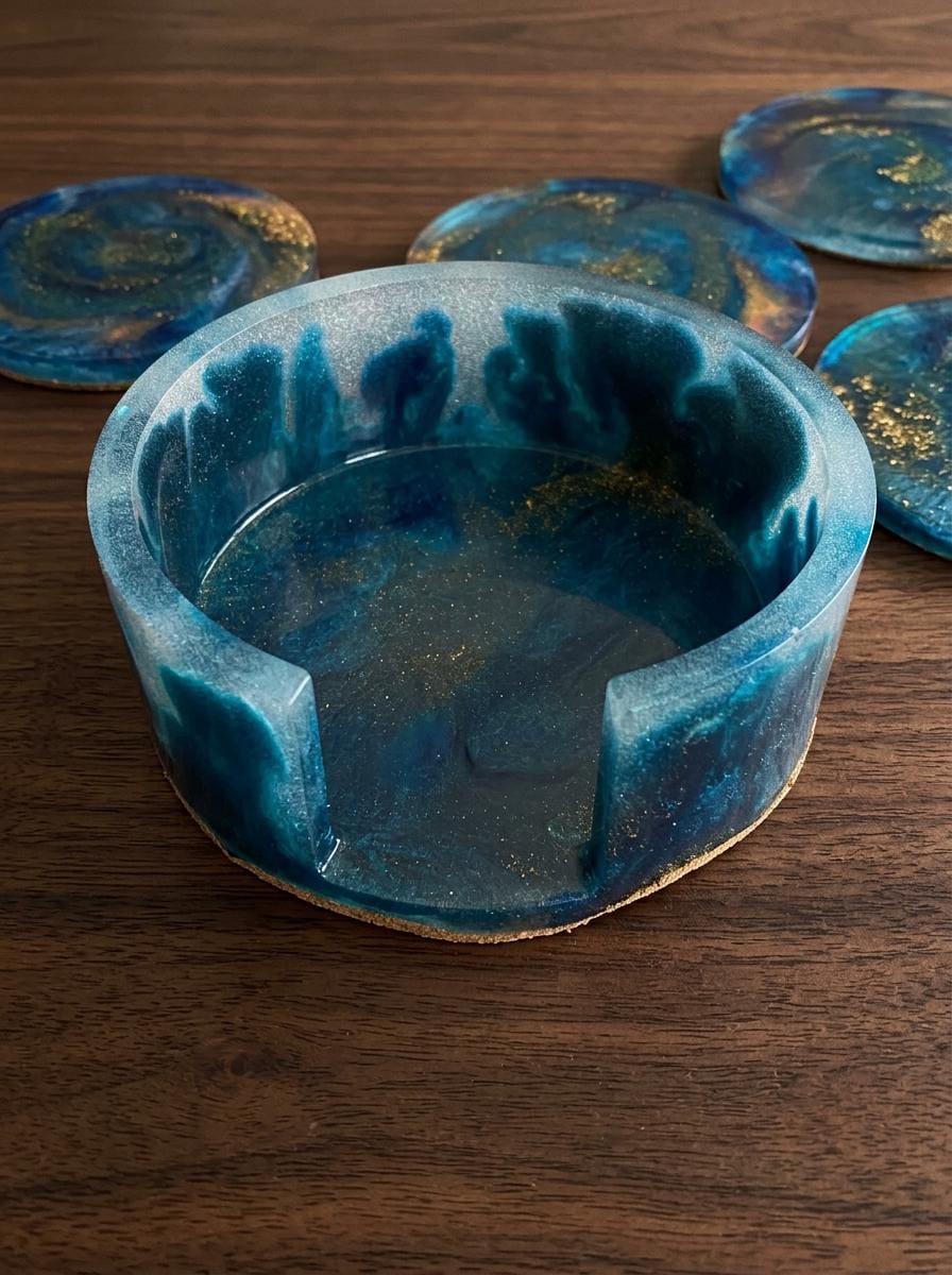 Blue Gold Resin Coasters With Holder | Cosmic Swirl Art | Sacred Geometry Drinkware