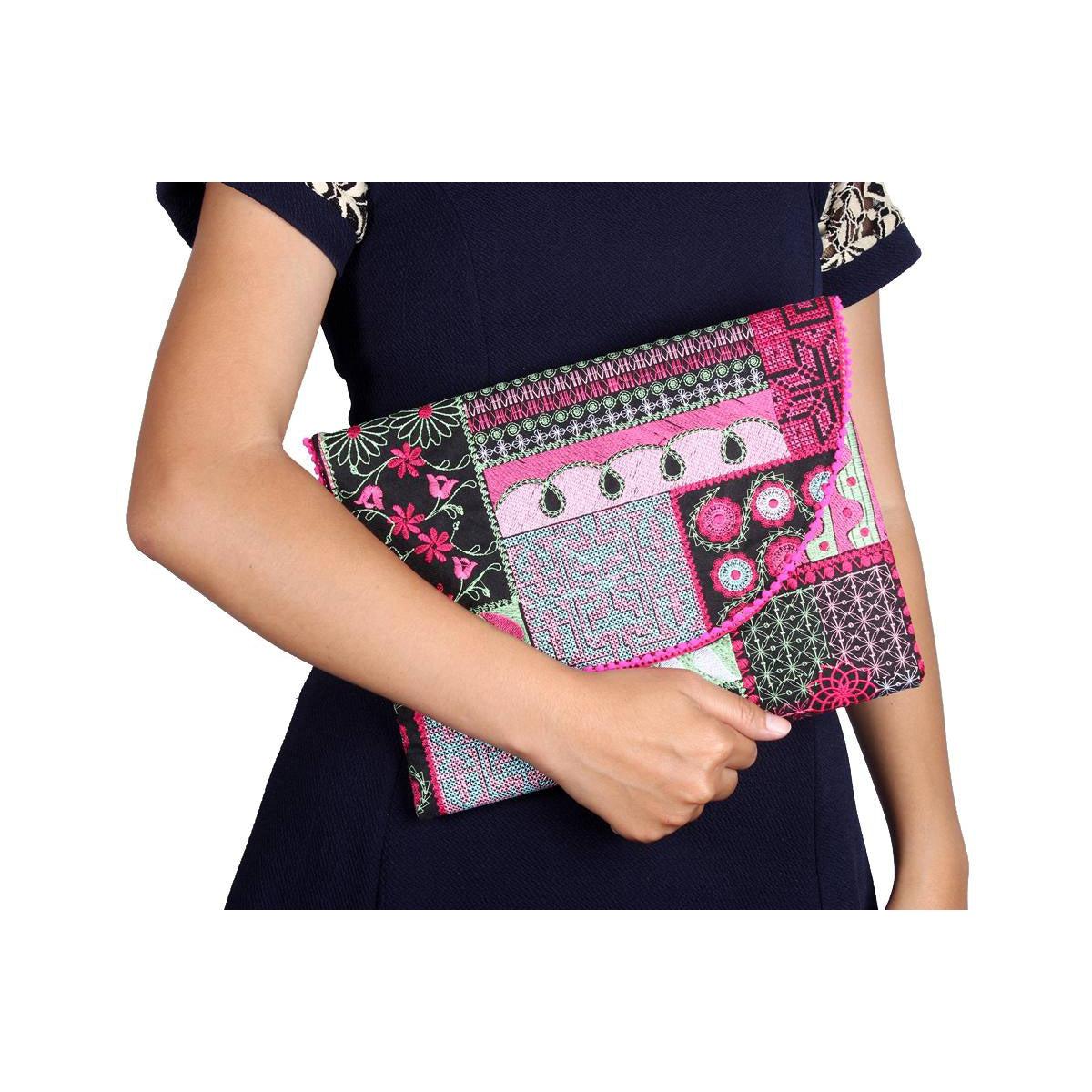 Tribal Embroidered Clutch Pompom Bag- Thailand