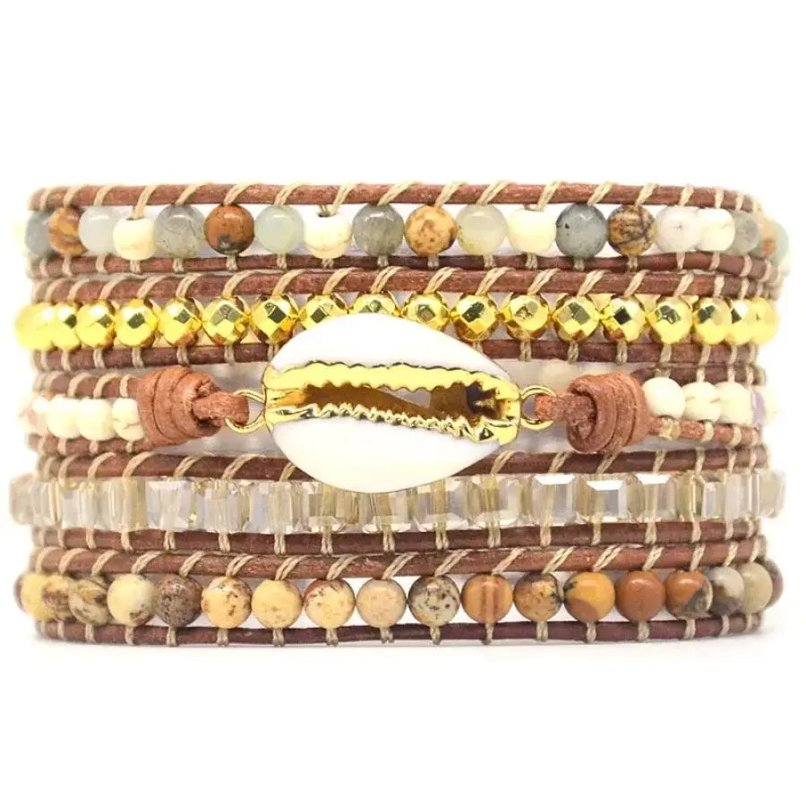 Natural Picture Jasper Stone & Seashell Bead Wrap Bracelet