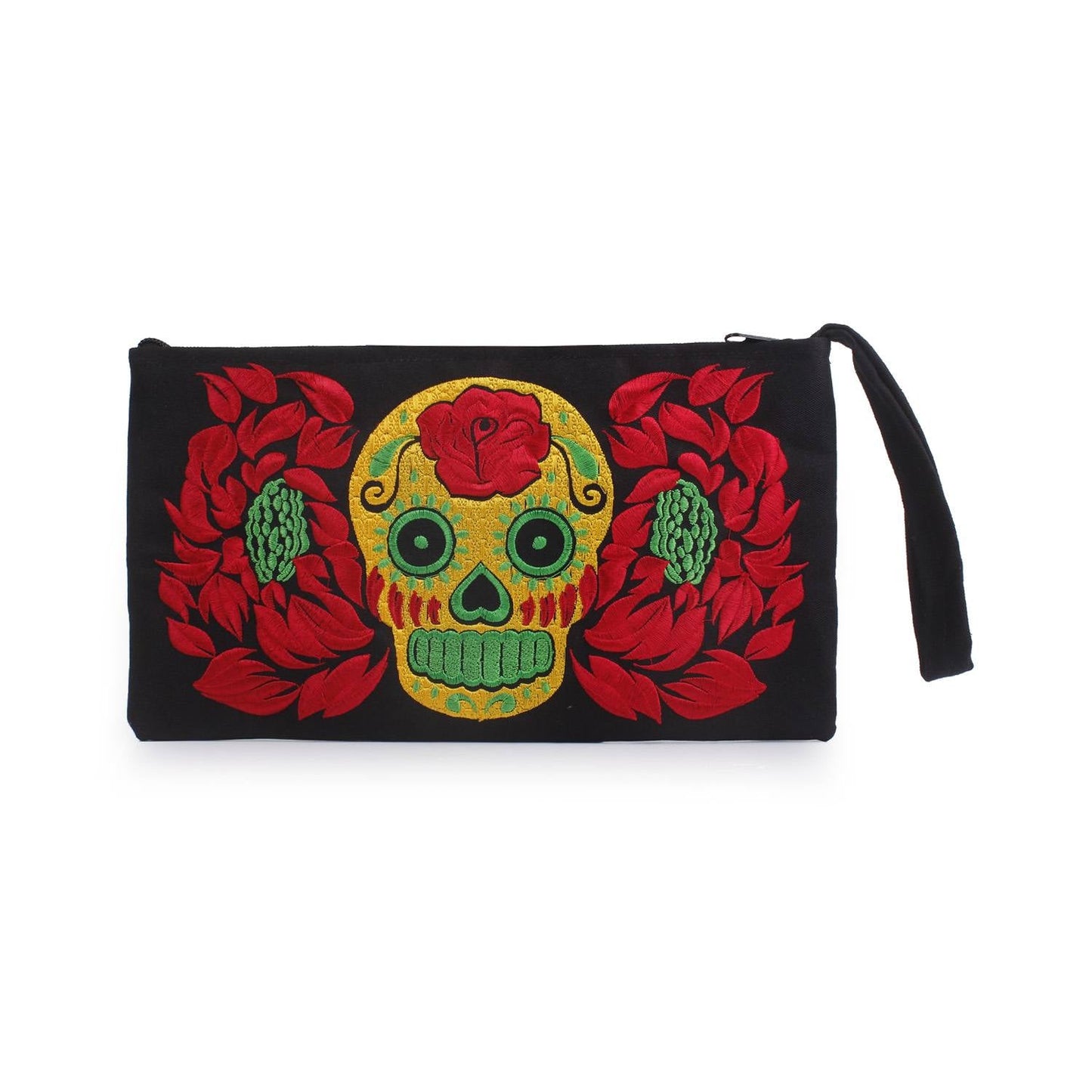 Sugar Skull Embroidered Wristlet Clutch Boho Day of the Dead Purse Fair Trade - Thailand