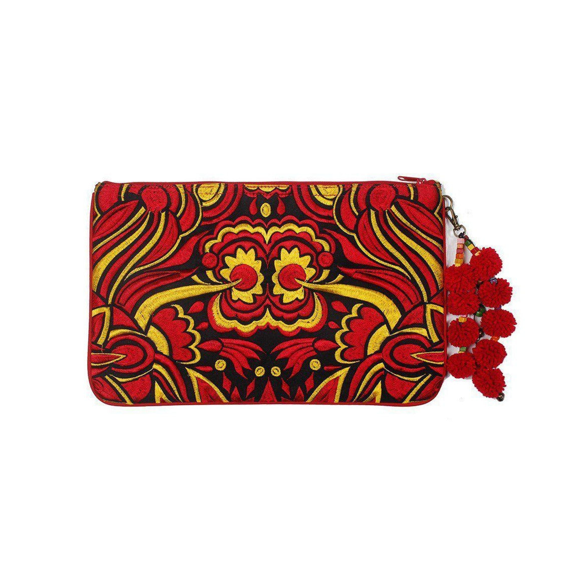 Soila Embroidered Pom Pom Clutch Boho Artisan Tablet Sleeve Fair Trade - Thailand