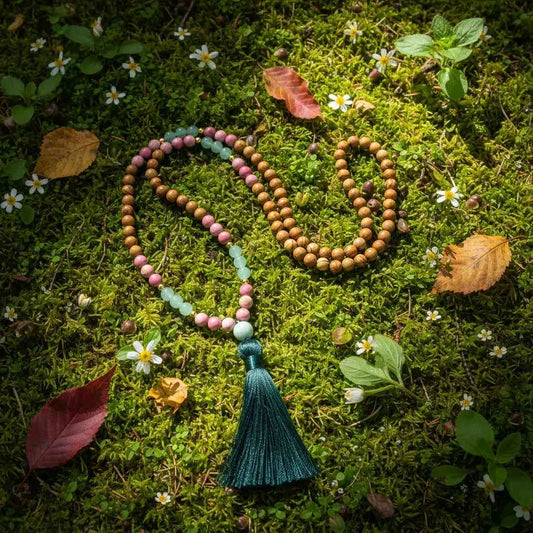 Olive Wood, Rhodonite, Green Aventurine Mala Bead Necklace: Knotted Mala Necklace