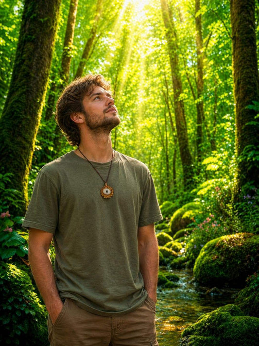 Man wearing custom pinecone pendant necklace in sunlit forest, nature-inspired jewelry