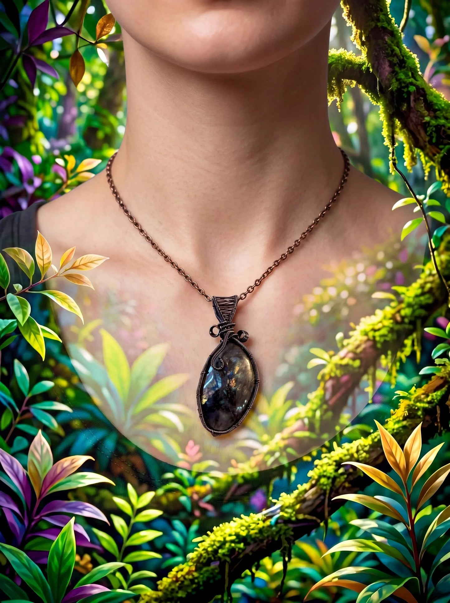 Wire-wrapped pendant necklace with resin stone, showcased in a lush forest setting for nature-inspired jewelry.