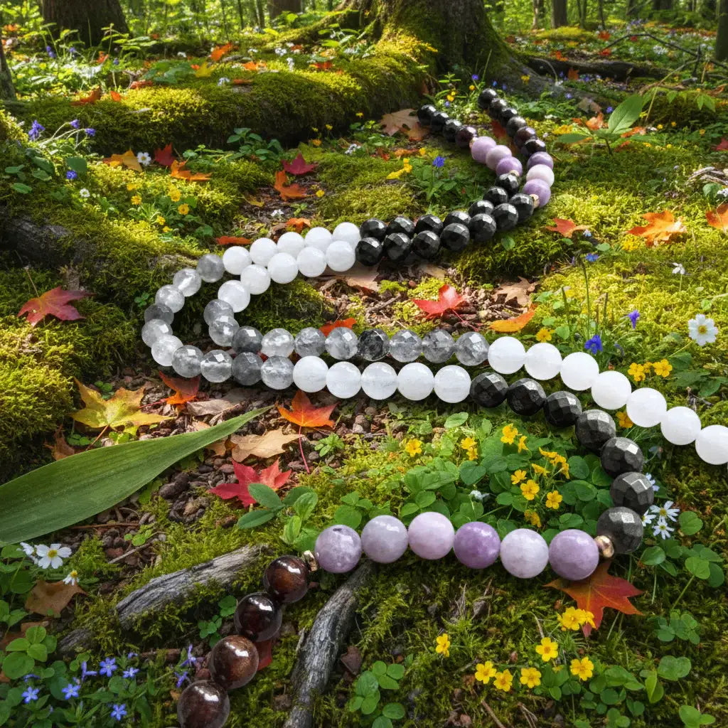 Lepidolite Pyrite Garnet Mala Necklace
