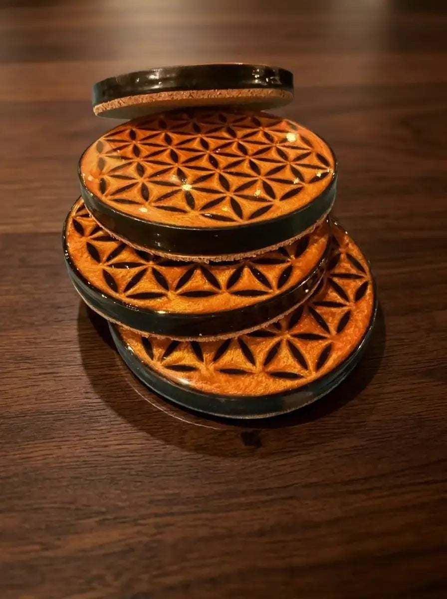 Gold and Black Flower of Life Coasters | Resin Art | Sacred Geometry | Drink Coasters