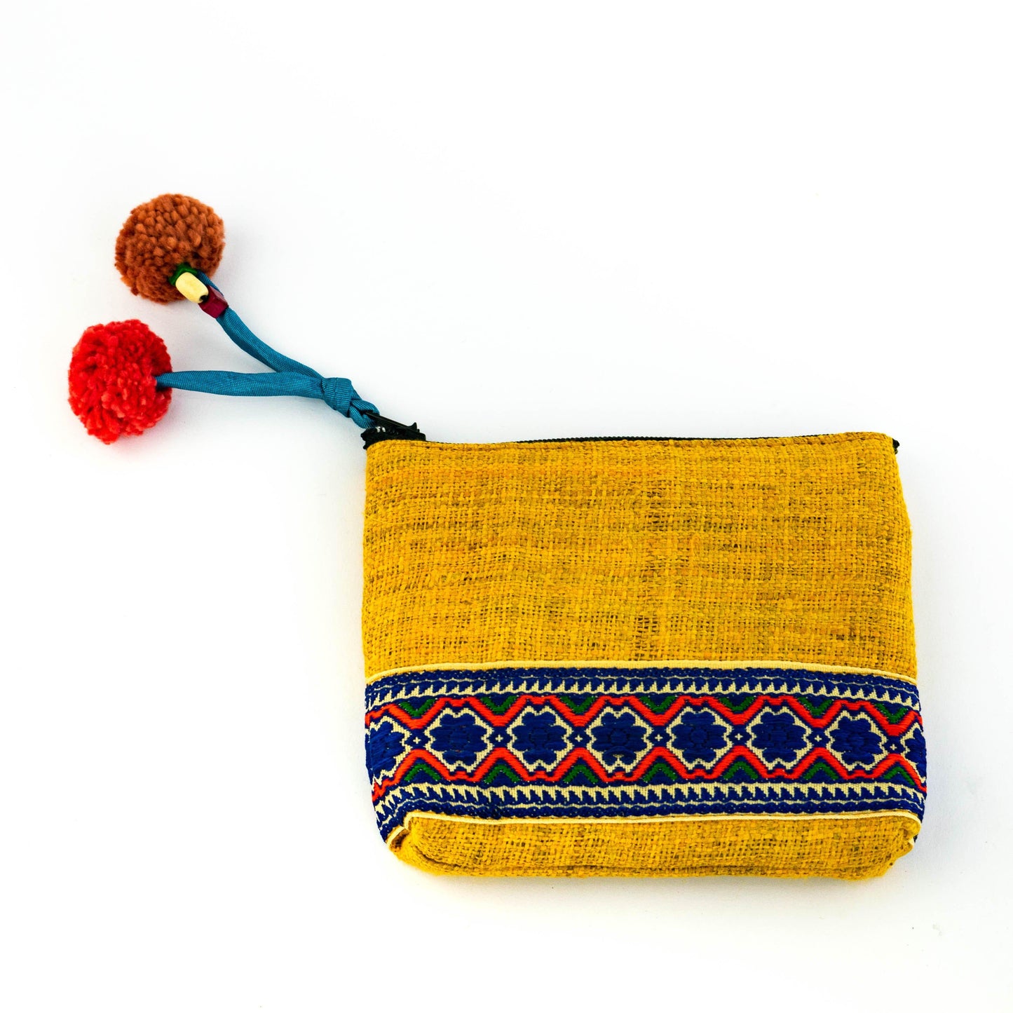 Hemp and Textile Boho Coin Purse with Pompoms - Thailand
