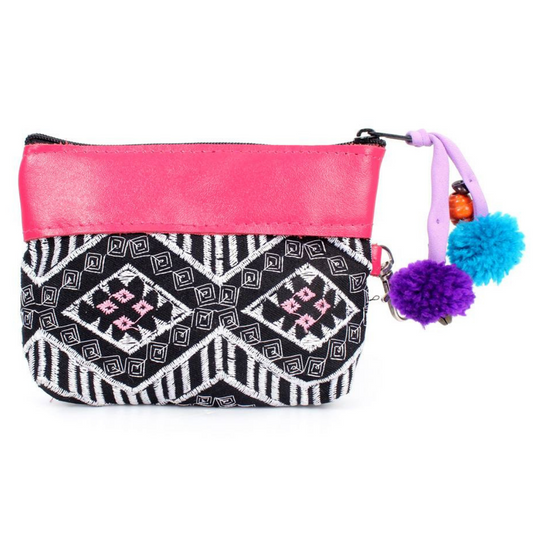 Embroidered Coin Purse Leather Trim Boho Zip Pouch Keychain Wallet Fair Trade - Thailand
