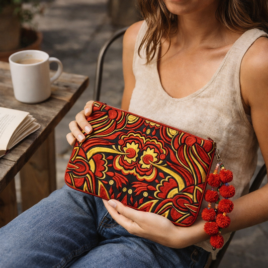 Soila Embroidered Pom Pom Clutch Boho Artisan Tablet Sleeve Fair Trade - Thailand