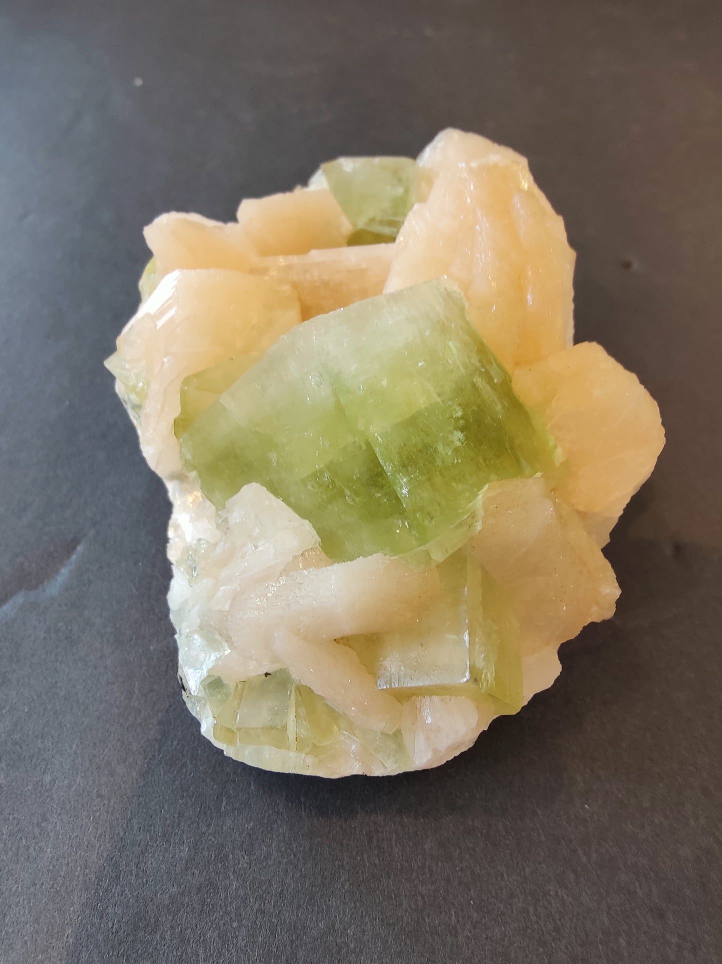 Green Apophyllite Cubes with Peach Stilbite Specimen 322g
