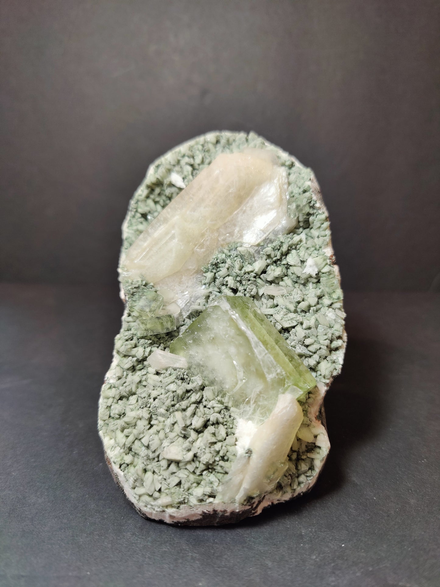 Green Apophyllite Cubes with Peach Stilbite on Heulandite Specimen 730g