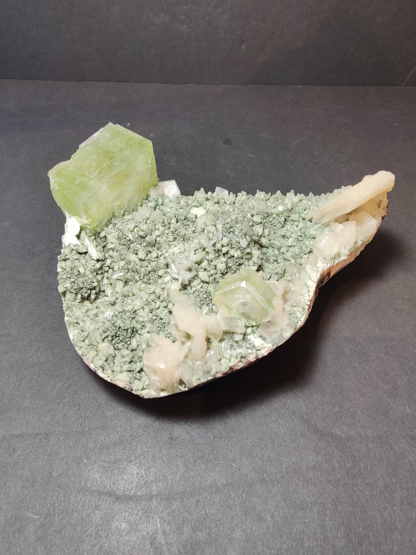 Green Apophyllite Cubes with Peach Stilbite on Heulandite Specimen 556g