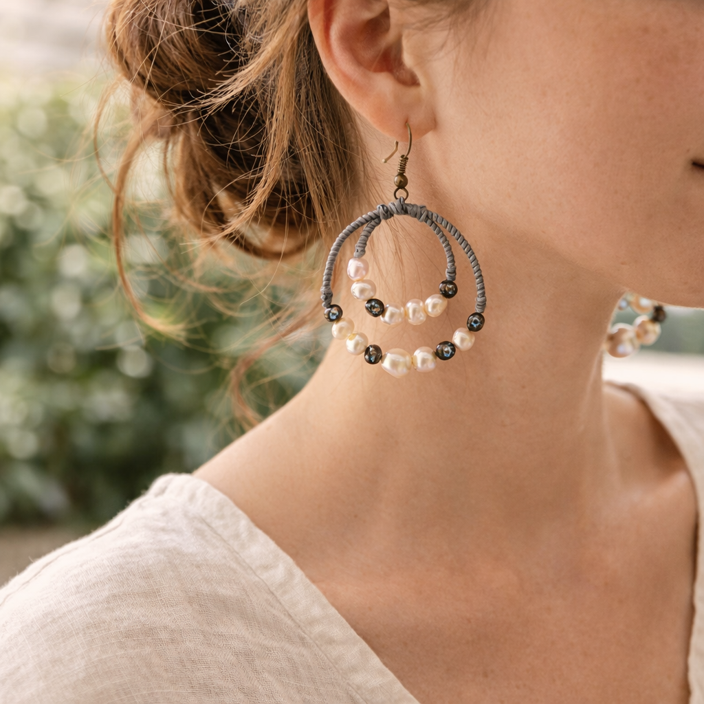 Orbit Hoop Freshwater Pearl Handmade Earrings - Thailand