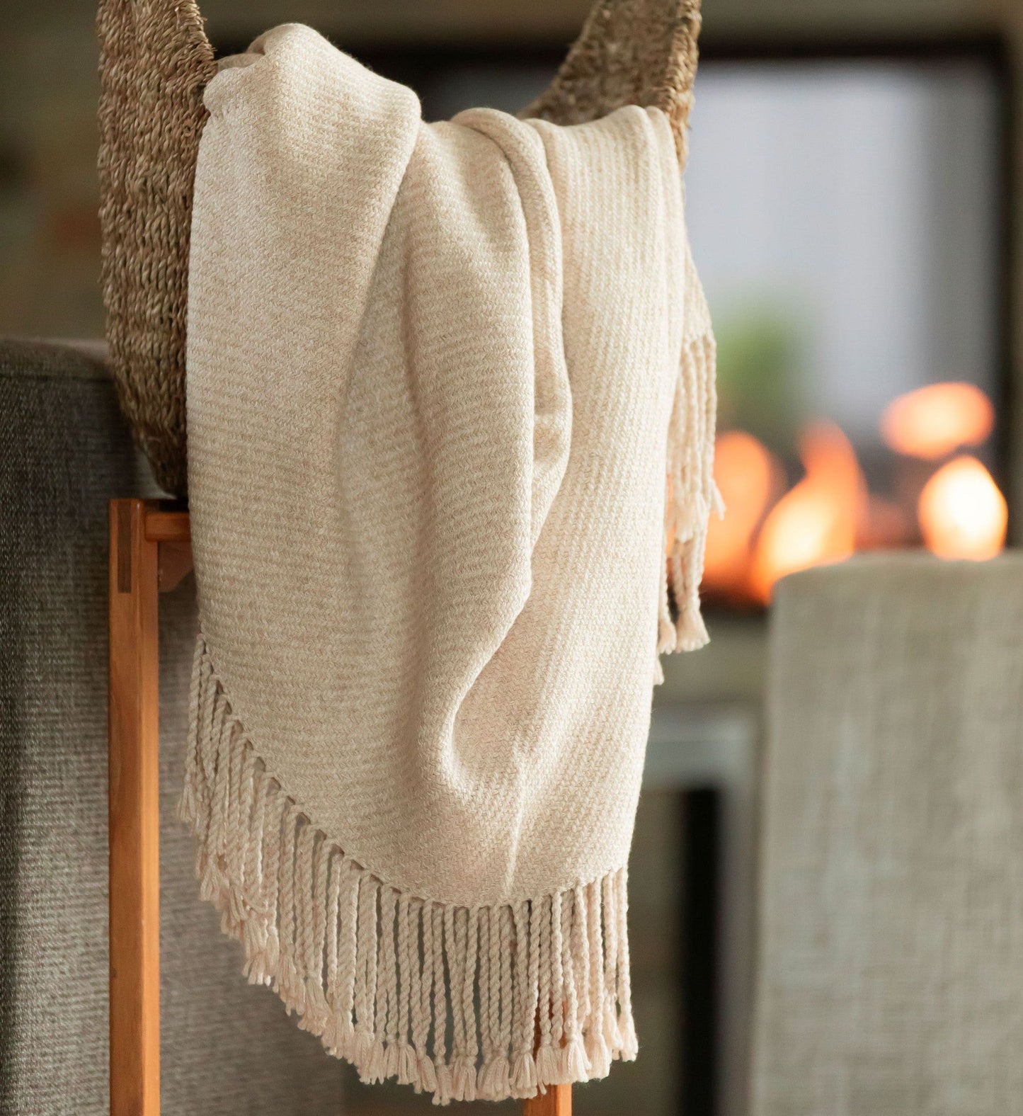 Handloomed Undyed Baby Alpaca & Peruvian Pima Cotton Light Tan Throw Blanket From Peru - Kulsi Collection