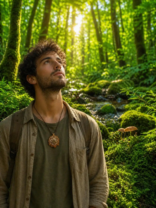 Man wearing custom pinecone pendant necklace in sunlit forest, nature-inspired wire wrap jewelry