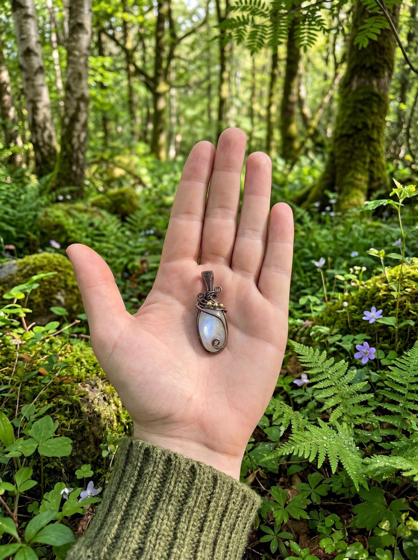 Wire Wrapped Lunar Whisper Moonstone Pendant – Handmade Copper Crystal Necklace, Elegant Boho Gemstone Jewelry