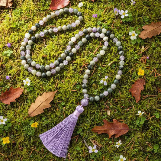 Labradorite & Grey Agate Mala Bead Necklace: Knotted Mala Necklace