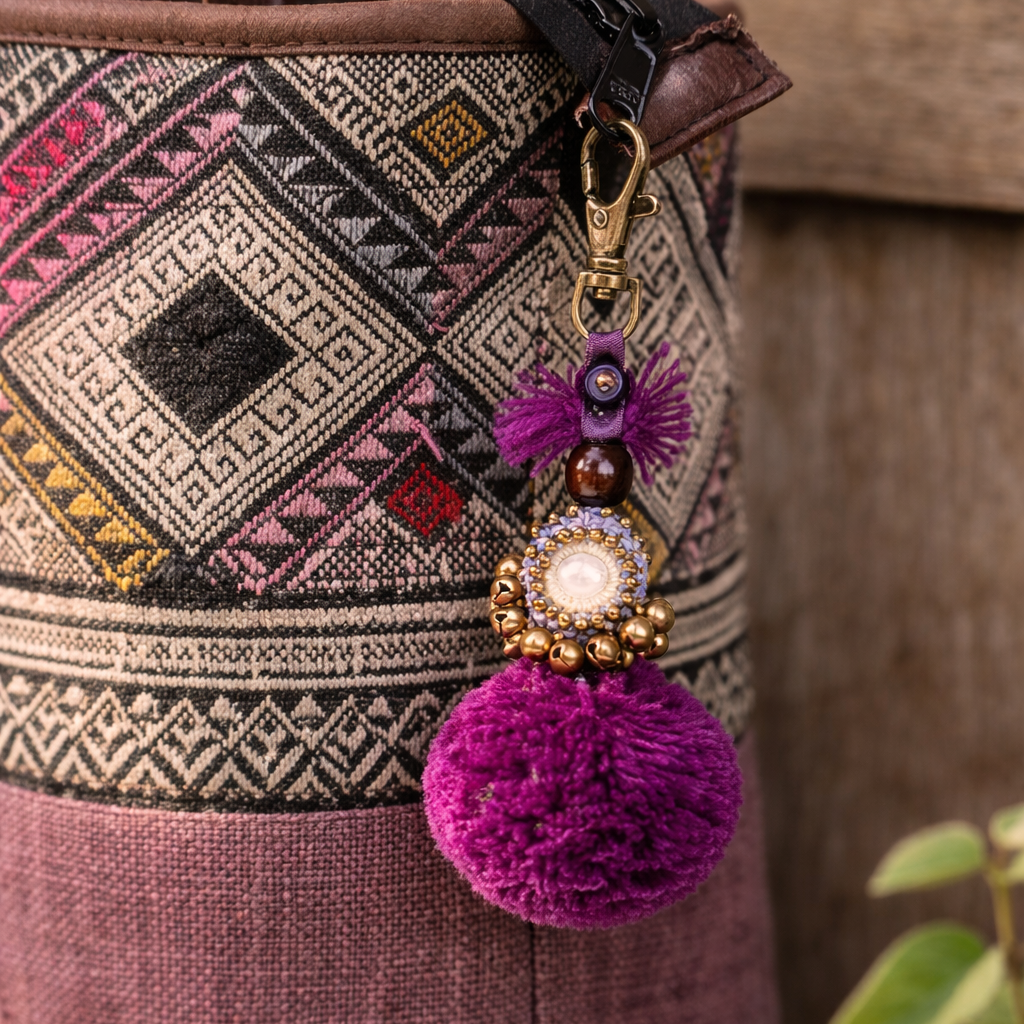 Pom Pom Zipper Pull Keychain Boho Bag Charm Lobster Clasp Fair Trade - Thailand