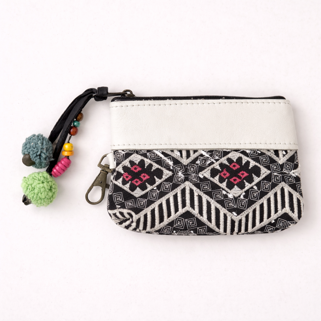 Embroidered Coin Purse Leather Trim Boho Zip Pouch Keychain Wallet Fair Trade - Thailand