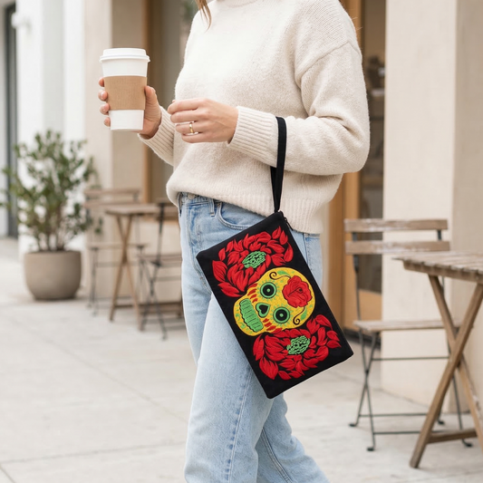 Sugar Skull Embroidered Wristlet Clutch Boho Day of the Dead Purse Fair Trade - Thailand