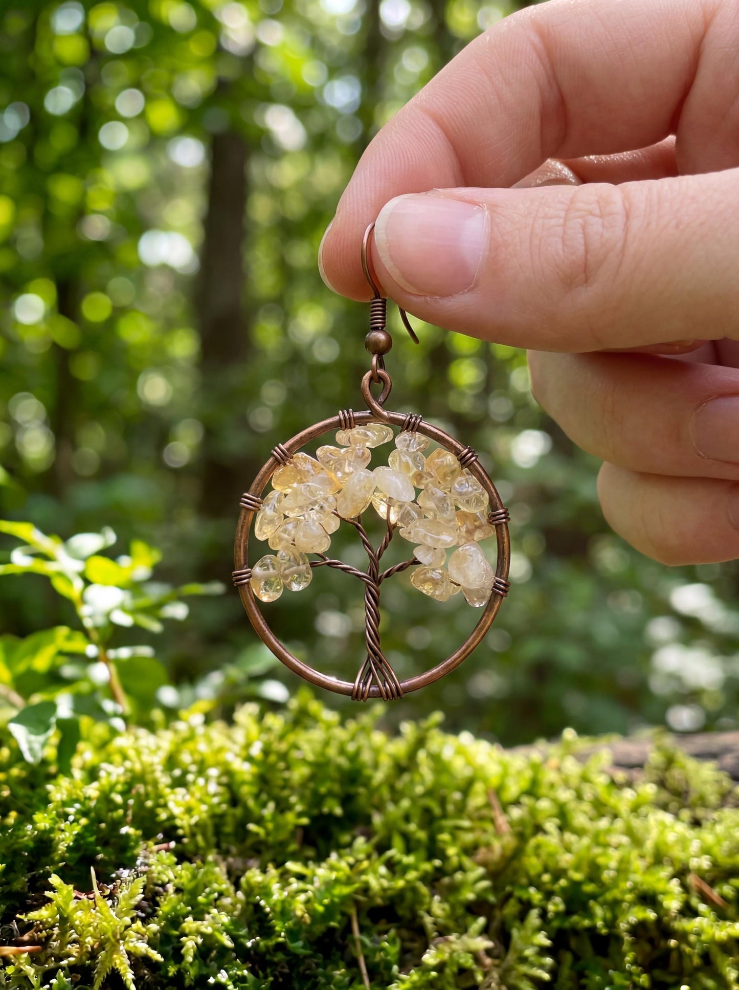 Wire Wrapped Tree of Life Earrings – Citrine Gemstone Boho Dangle Earrings – Handmade Crystal Jewelry Gift for Her