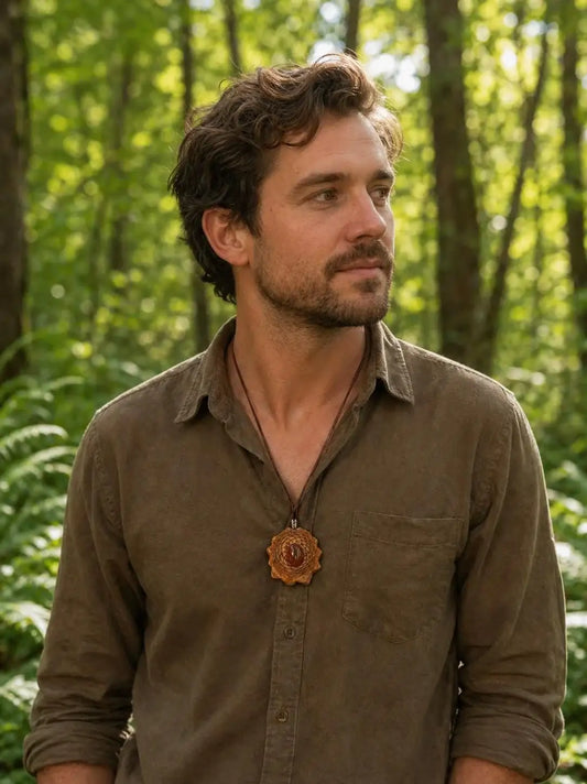 Man wearing rustic pinecone pendant necklace in forest setting, natural wood and resin jewelry