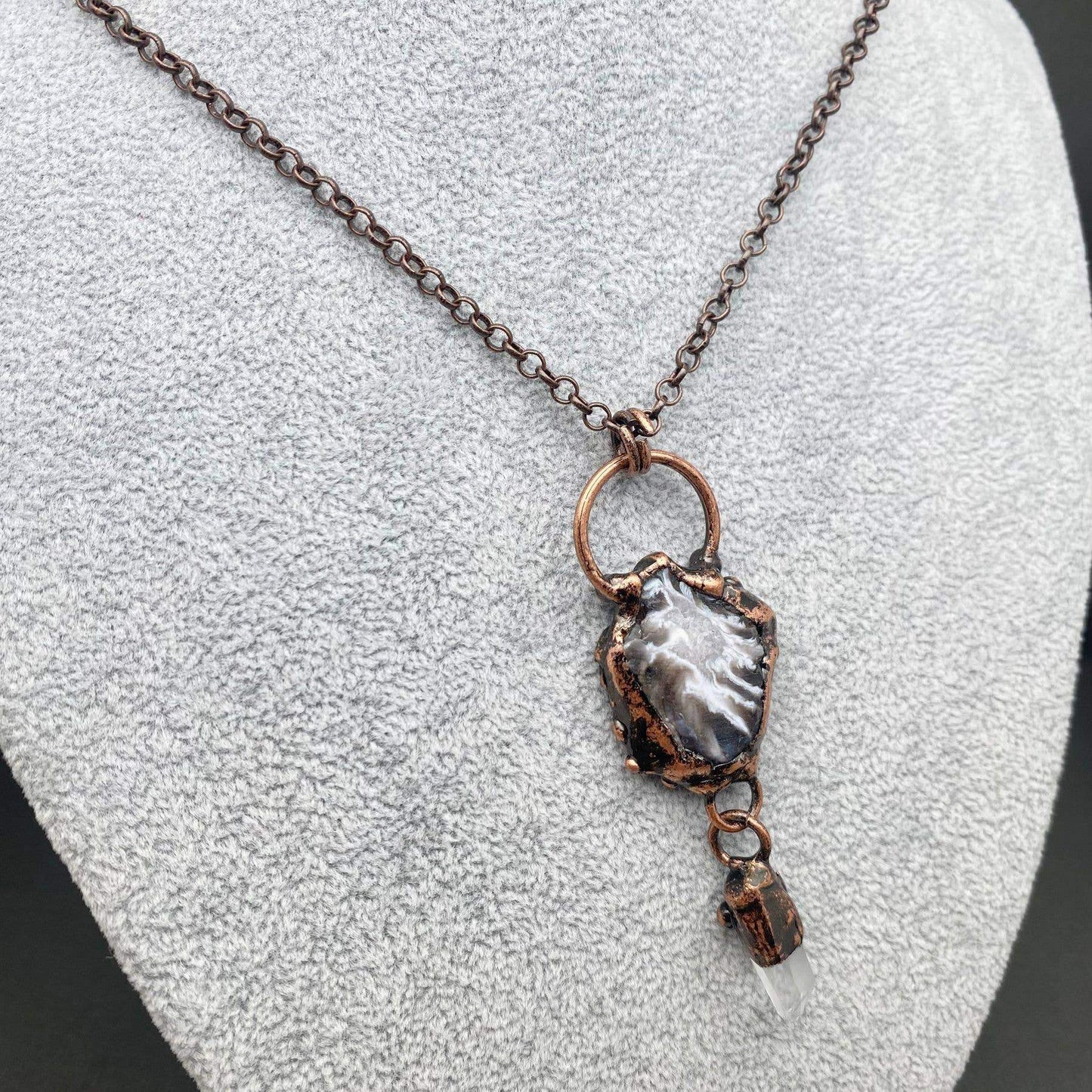 Vintage Onyx & White Crystal Bronze Necklace - CS