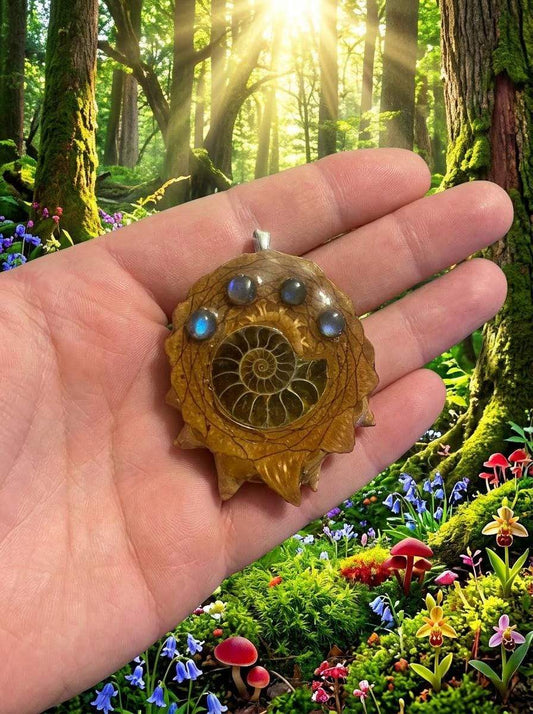 Hand holding resin pendant with ammonite fossil and labradorite stones, forest backdrop