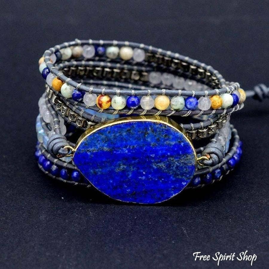 Lapis Lazuli Stone Leather Wrap Bracelet