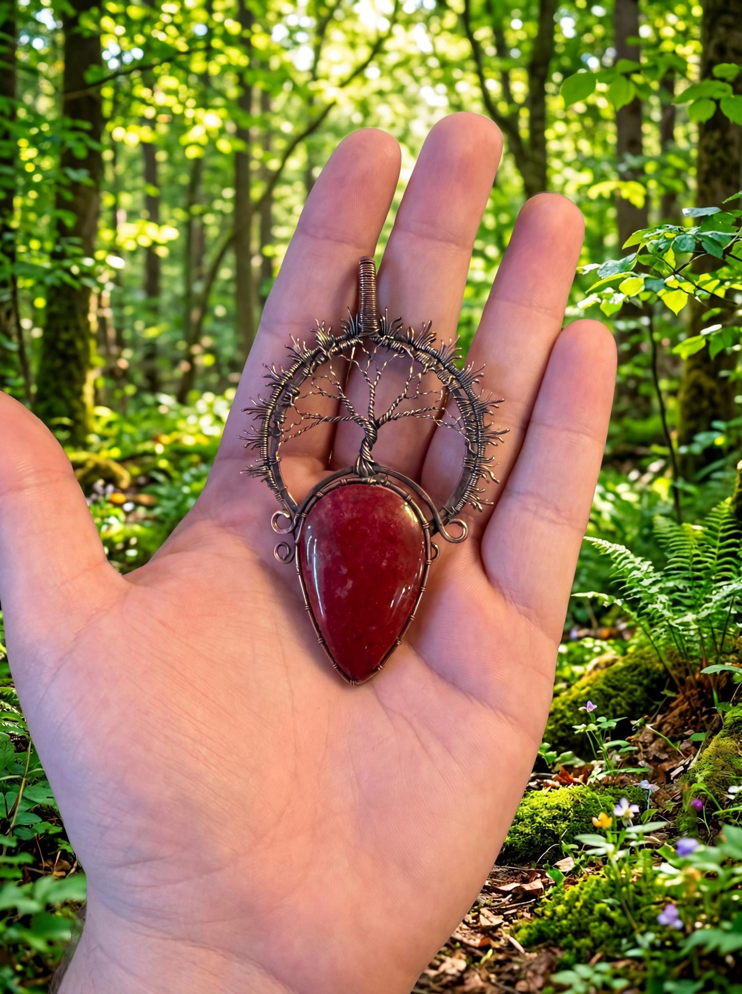 Wire Wrapped Tree of Life Pendant | Red Stone, Nature-Inspired Jewelry