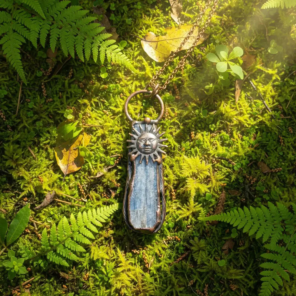 Blue Crystal Raw Stone Sun God Irregular Pendant Necklace-CS