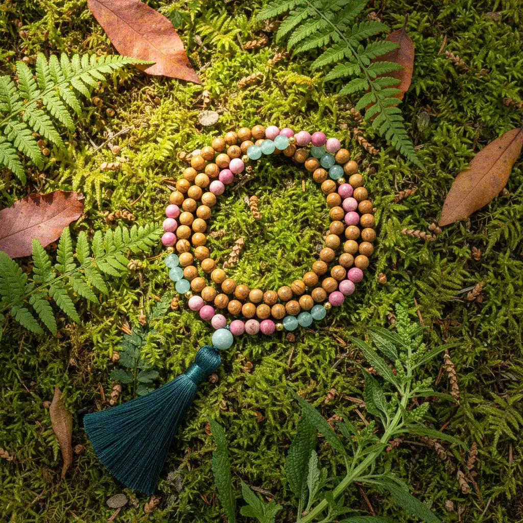 Olive Wood, Rhodonite, Green Aventurine Mala Bead Necklace: Knotted Mala Necklace