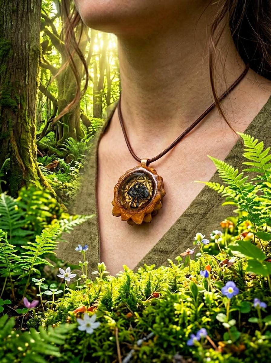 Mushroom Golden Flower of Life Pinecone Pendant