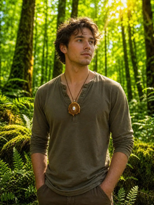 Man wearing rustic pinecone pendant necklace in sunlit forest, nature-inspired jewelry