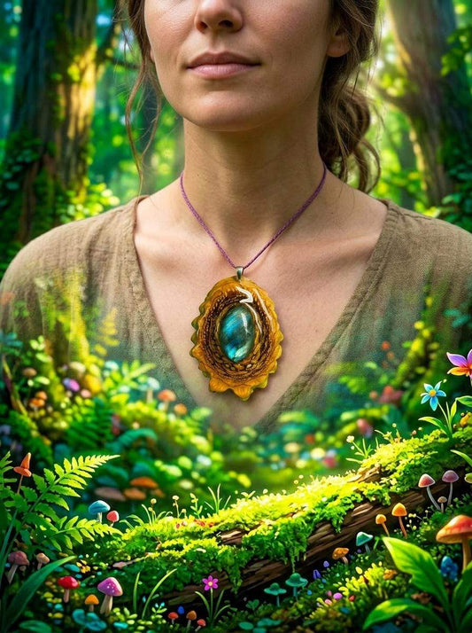 Woman wearing nature-inspired pendant with blue gem, set in resin, amidst enchanted forest backdrop