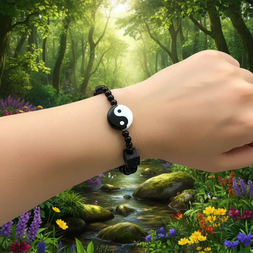 Bagua & Eight Trigrams Black Onyx Stone Beaded Bracelet - CS
