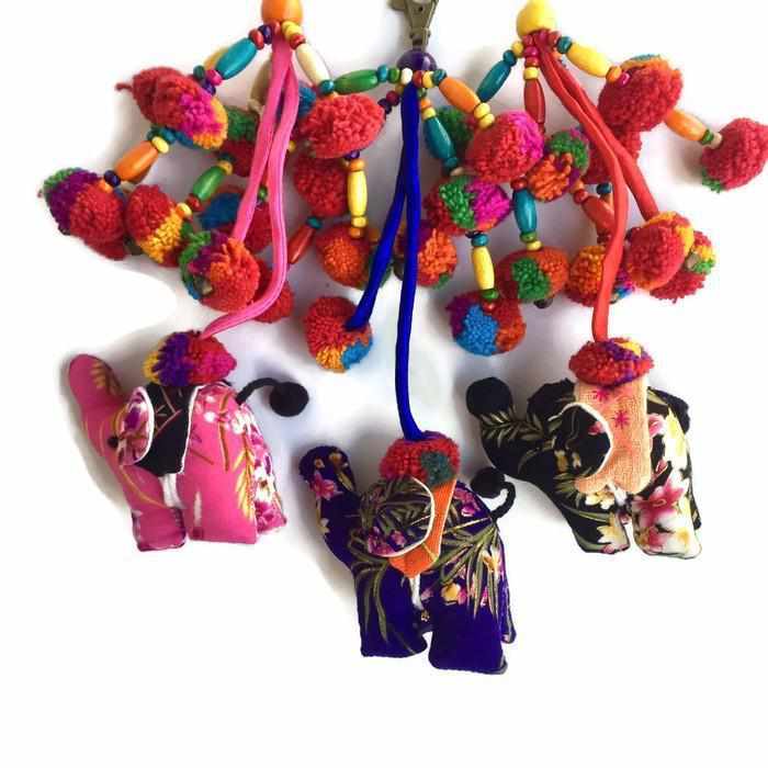 Elephant Pom Pom Zipper Pull | Handmade Bag Charm with Traditional Hmong Textiles | Thailand