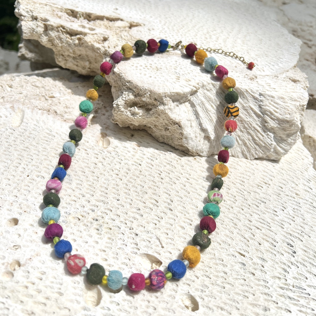 Kantha Bead Necklace Recycled Sari Fabric Handmade Colorful Ethnic Jewelry