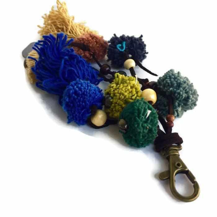 Suerte Pom Pom Zipper Pull with Beads, Shells, and Charms | Handmade Keychain | Thailand