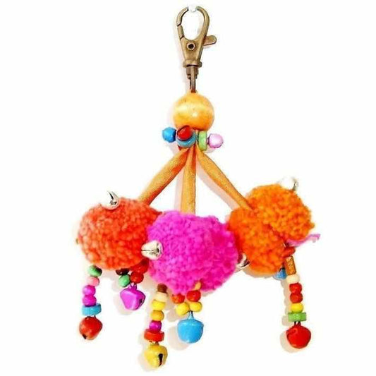 Triple Pom Pom Keychain | Handmade Zipper Pull with Beads | Thailand